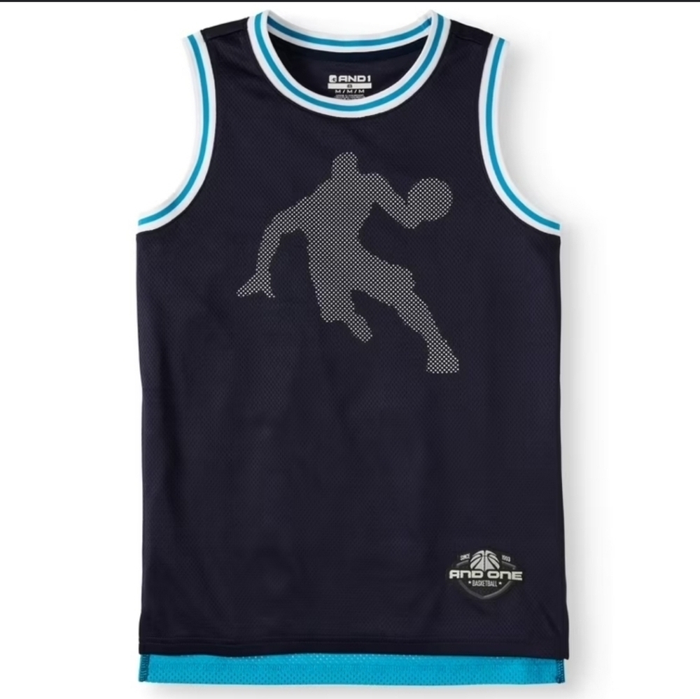 AND1 Polyester Mesh Basketball Jersey Boys Size Medium 8 Blue EUC